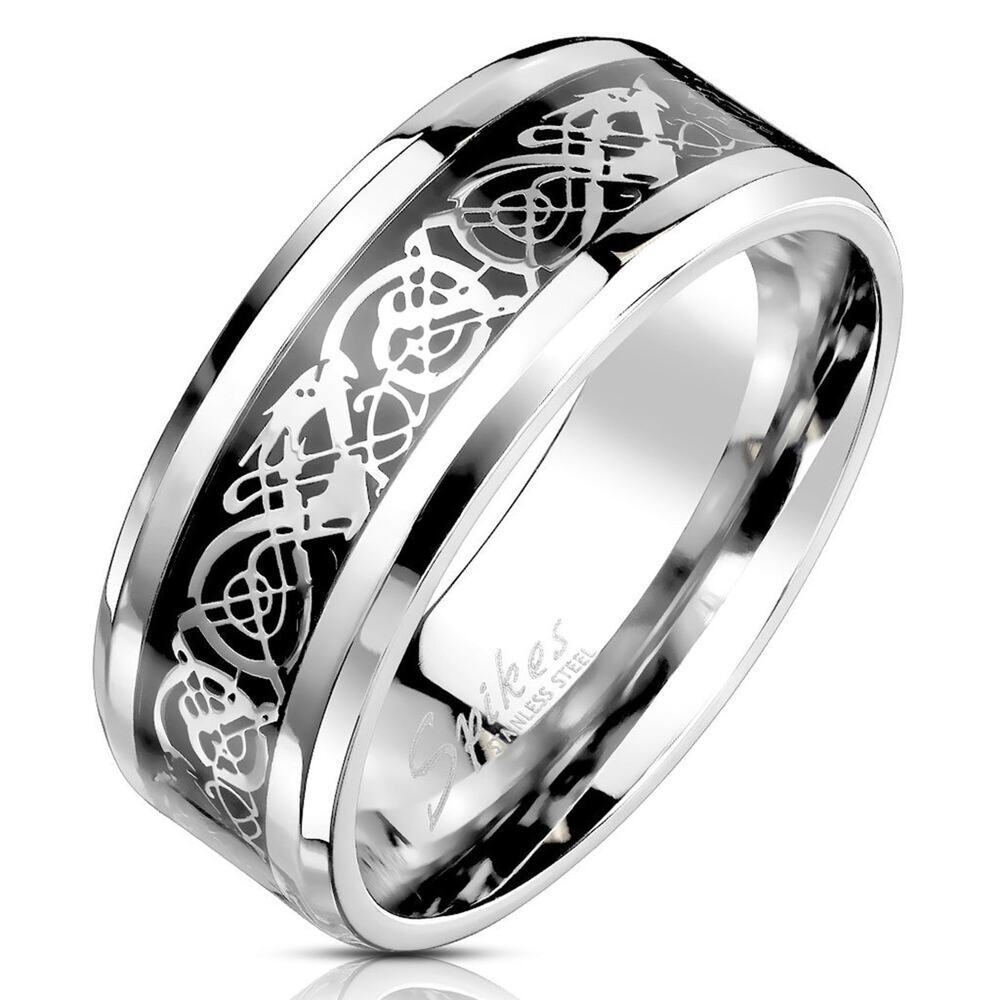 Celtic Dragon Steel Foil Inlaid Stainless Steel Ring 8mm width size 10